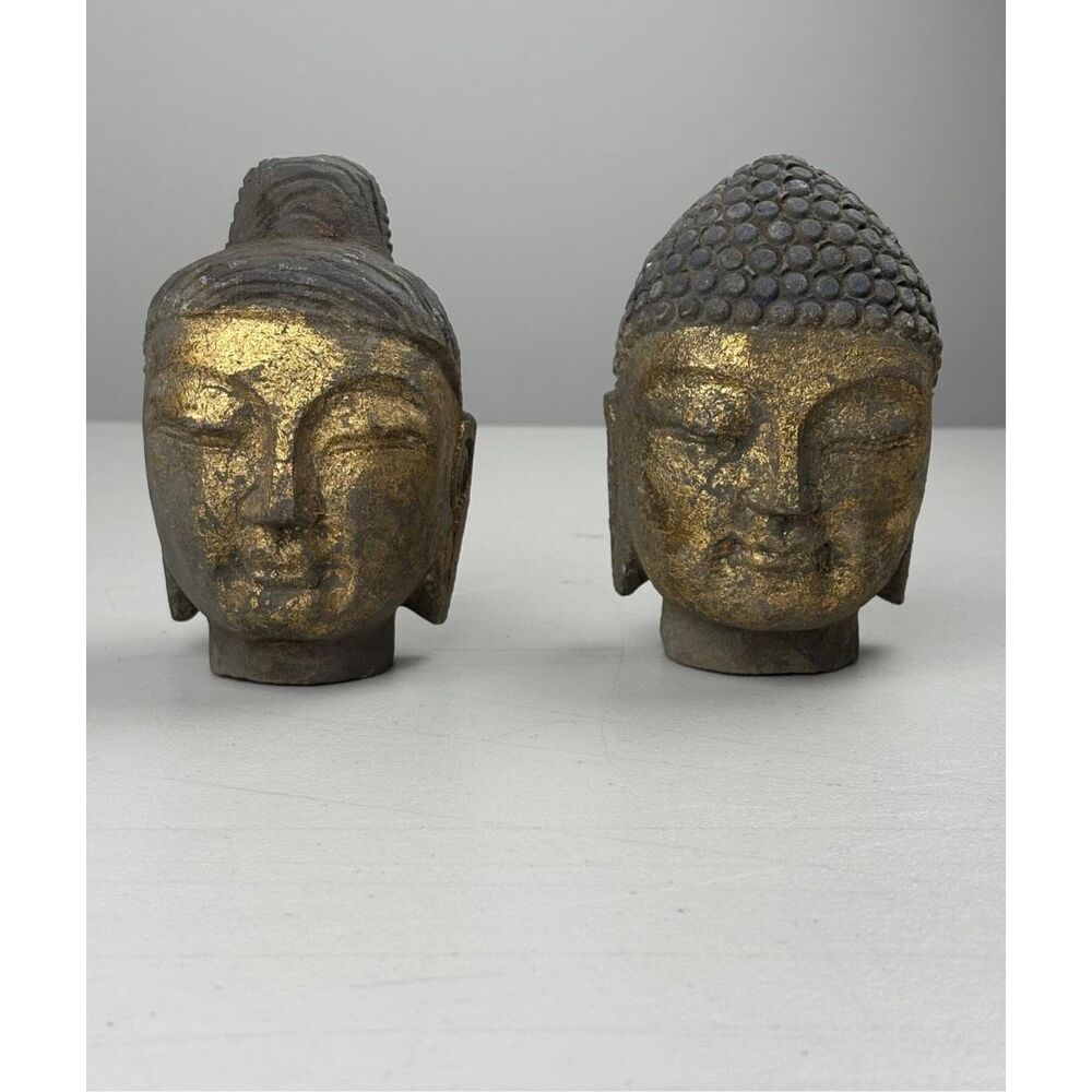 Pair of 5.5" Gilt Carved Stone Chinese Thai Buddha Heads Busts Heavy Handcarved